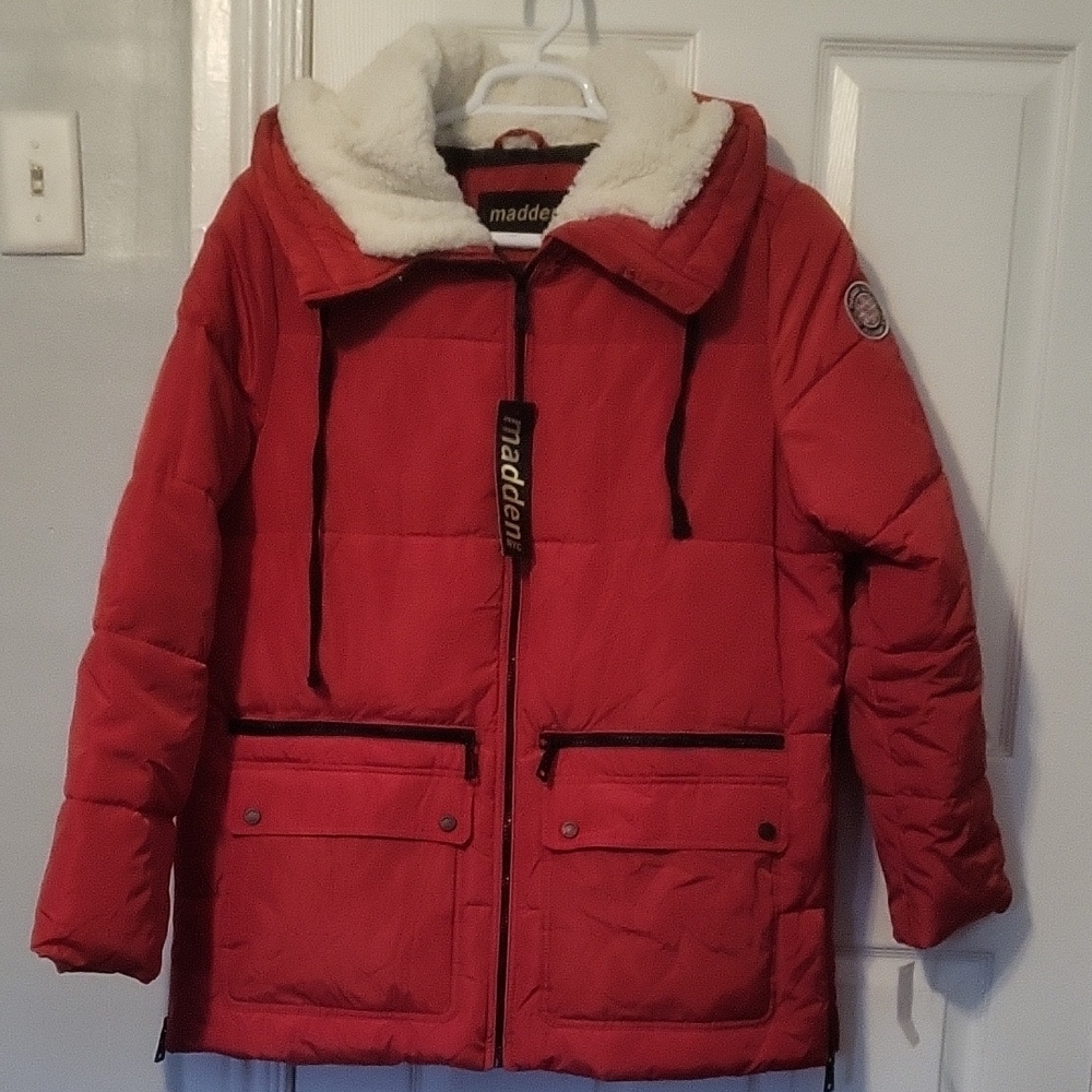 NWT Madden NYC Red Puffer Jacket with Sherpa Lined Hood